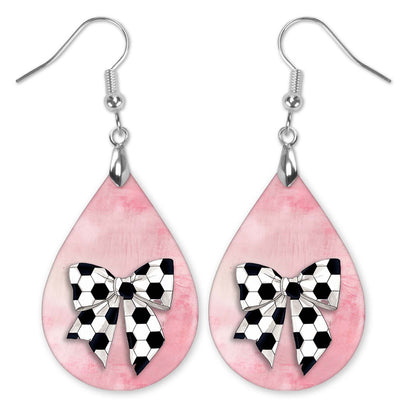 Pink Soccer Dangle Earrings, Boho Printed Wood, Coquette Bow