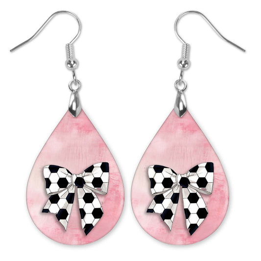 Pink Soccer Dangle Earrings, Boho Printed Wood, Coquette Bow