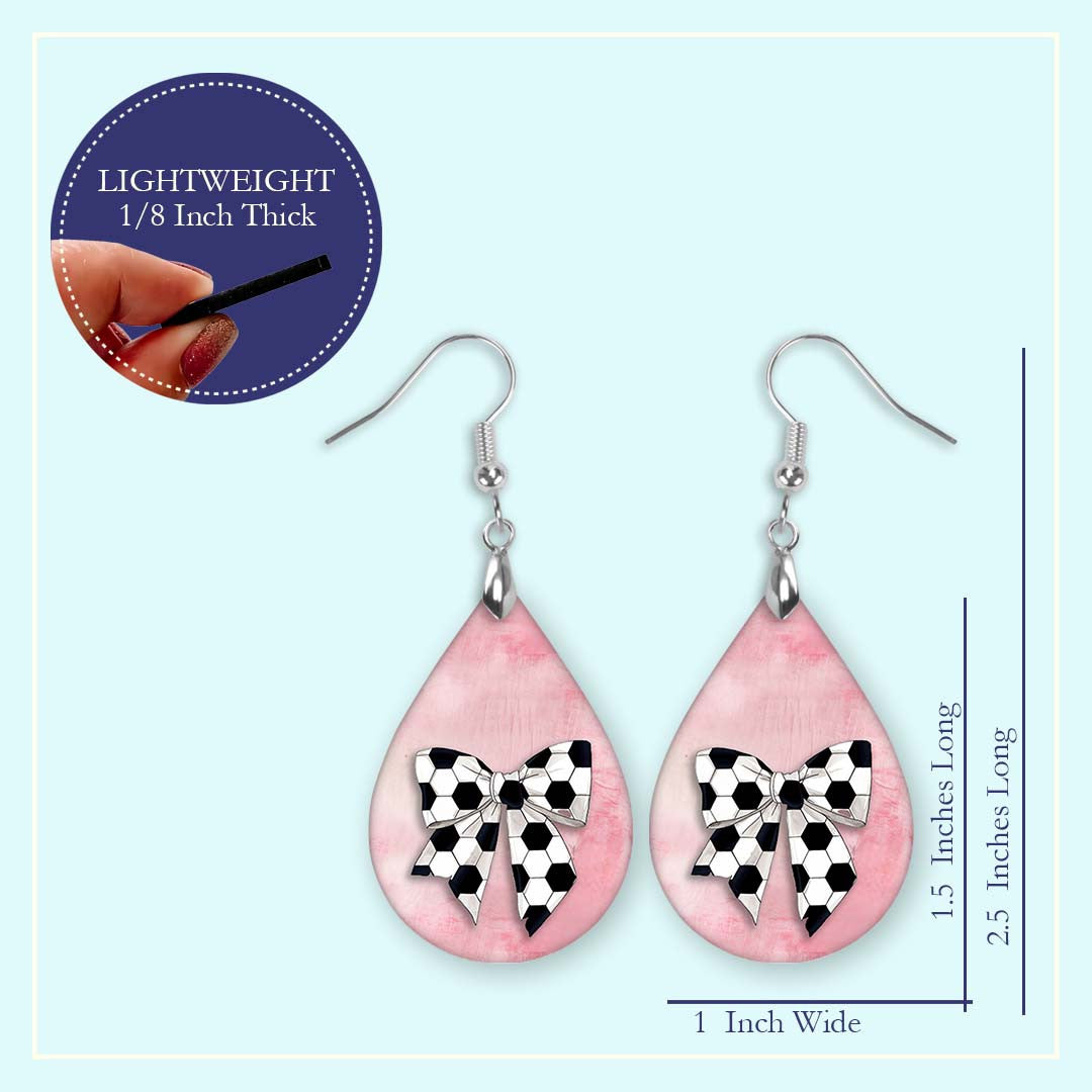 Pink Soccer Dangle Earrings, Boho Printed Wood, Coquette Bow