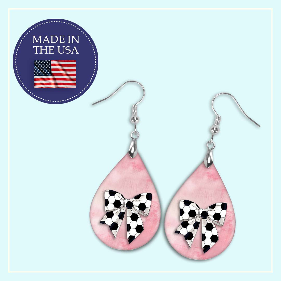Pink Soccer Dangle Earrings, Boho Printed Wood, Coquette Bow