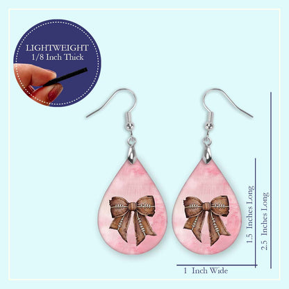 Football Earrings Pink Dangle Boho Printed Wood Coquette Bow