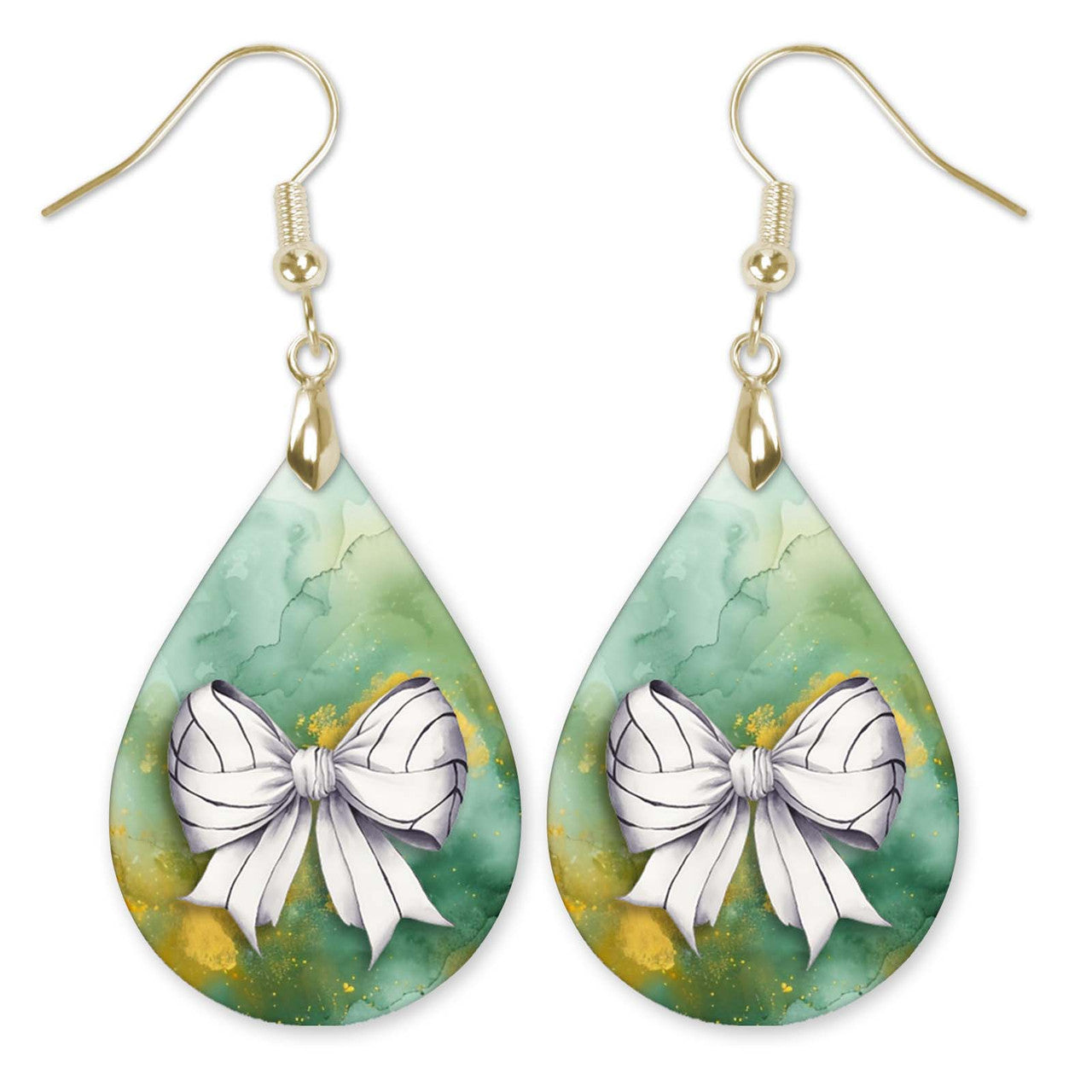 Volleyball Earrings Green Gold Dangle Boho Coquette Bow