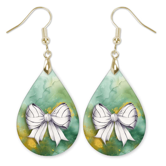 Volleyball Earrings Green Gold Dangle Boho Coquette Bow