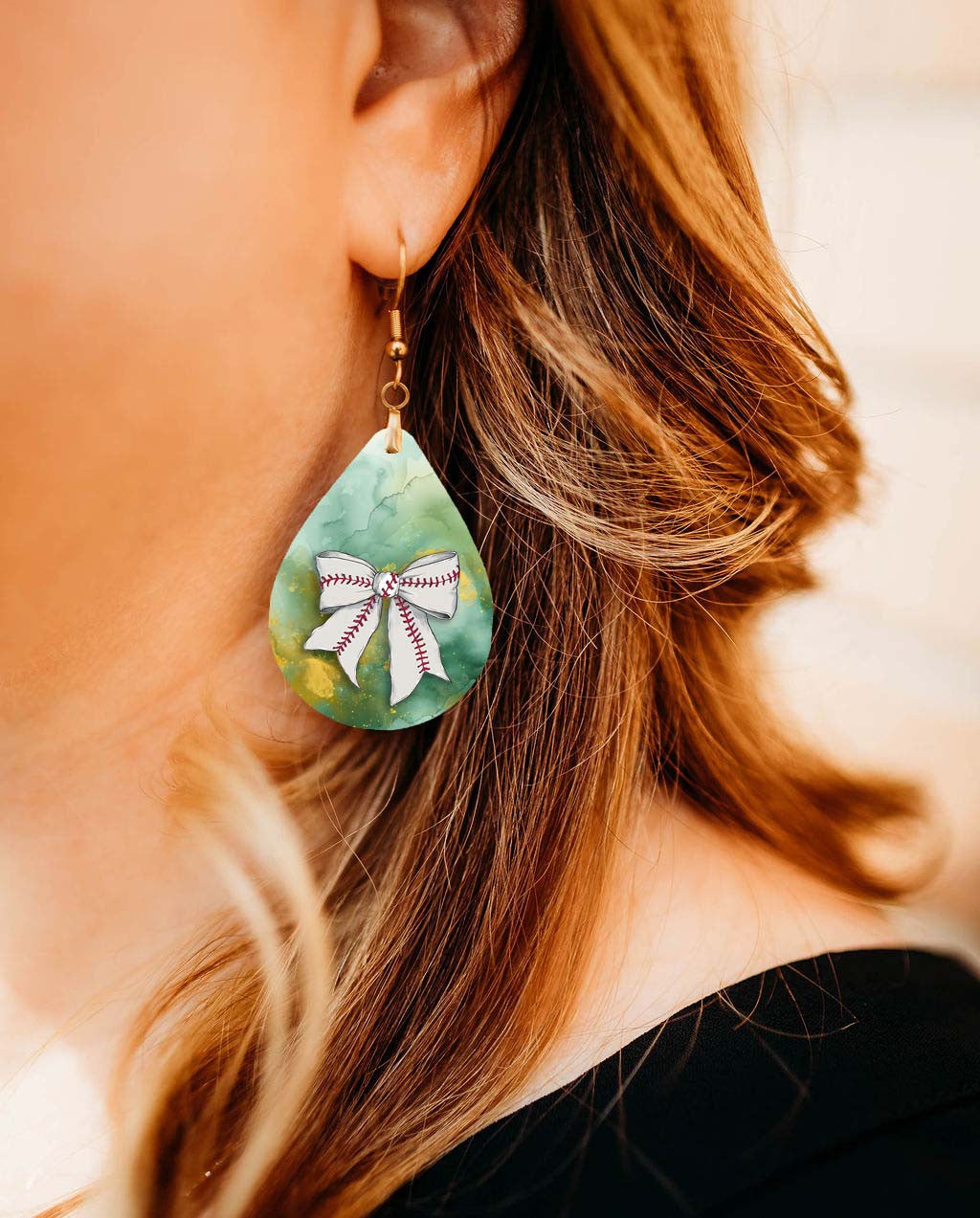 Baseball Earrings Green Gold Dangle Boho Coquette Bow
