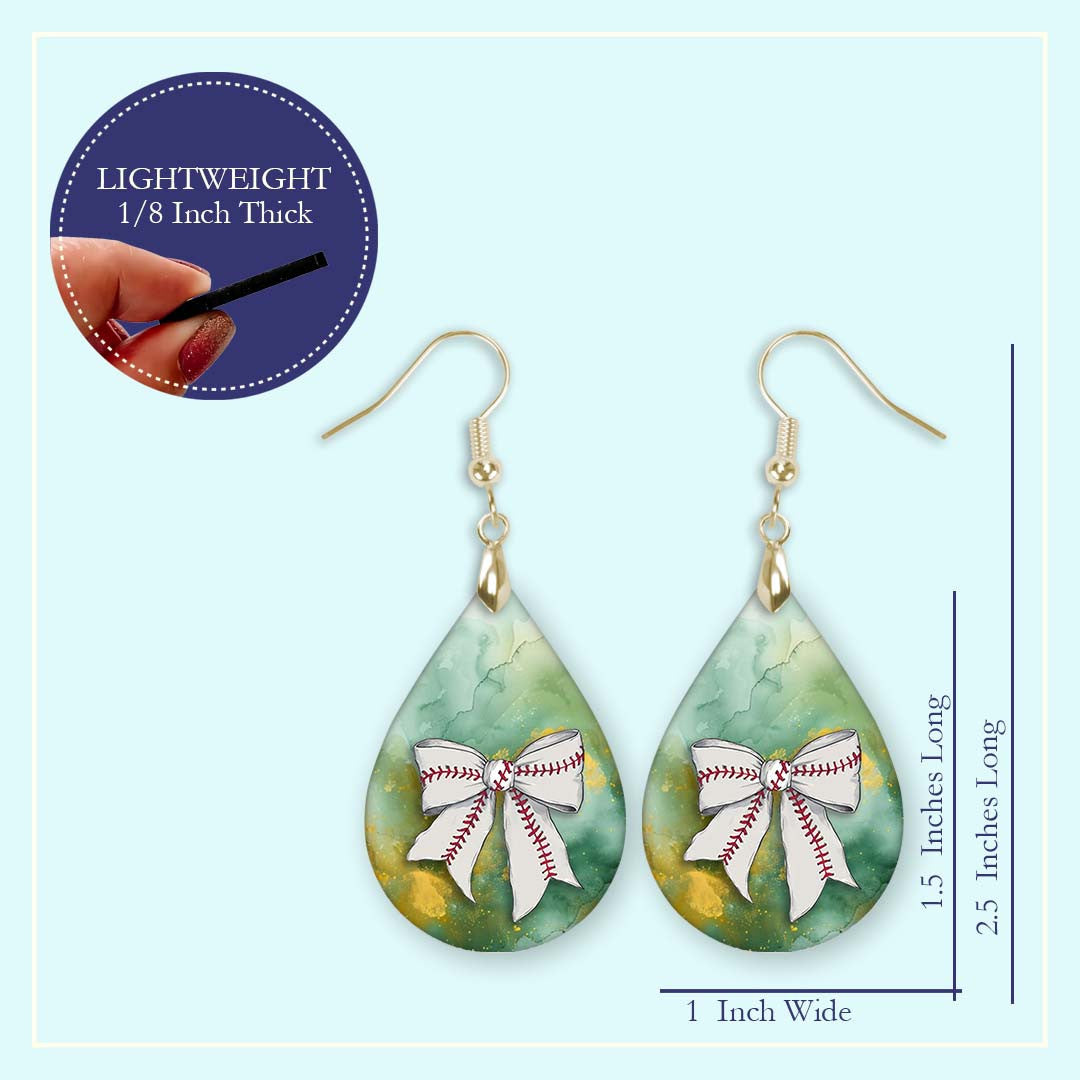 Baseball Earrings Green Gold Dangle Boho Coquette Bow