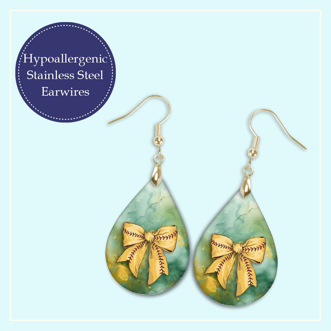 Softball Dangle Earrings Green Gold Boho Coquette Bow