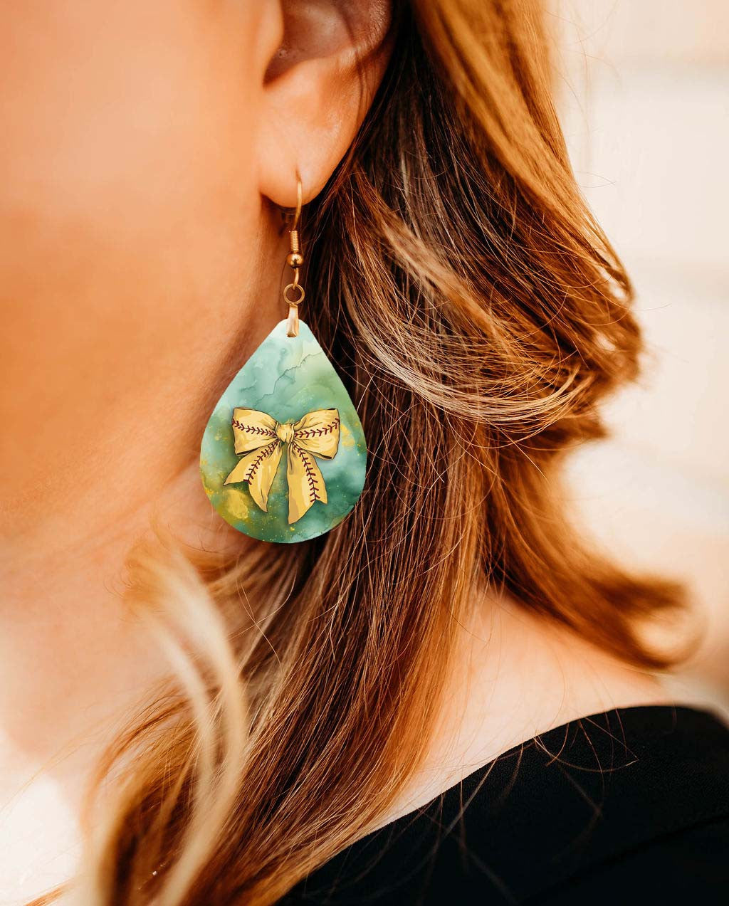 Softball Dangle Earrings Green Gold Boho Coquette Bow