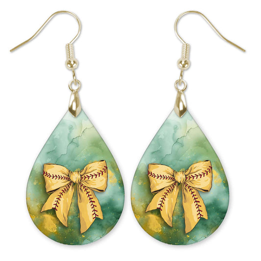 Softball Dangle Earrings Green Gold Boho Coquette Bow