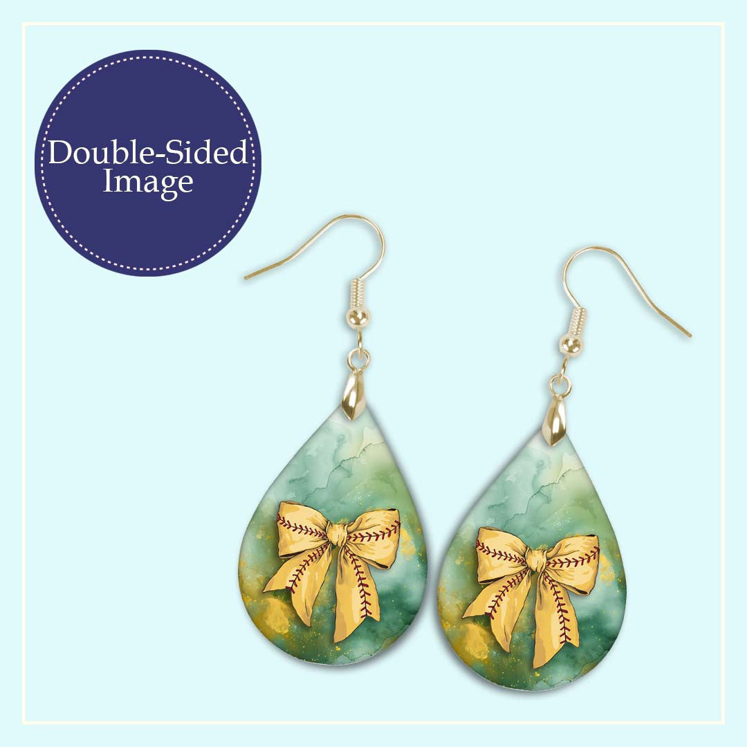 Softball Dangle Earrings Green Gold Boho Coquette Bow
