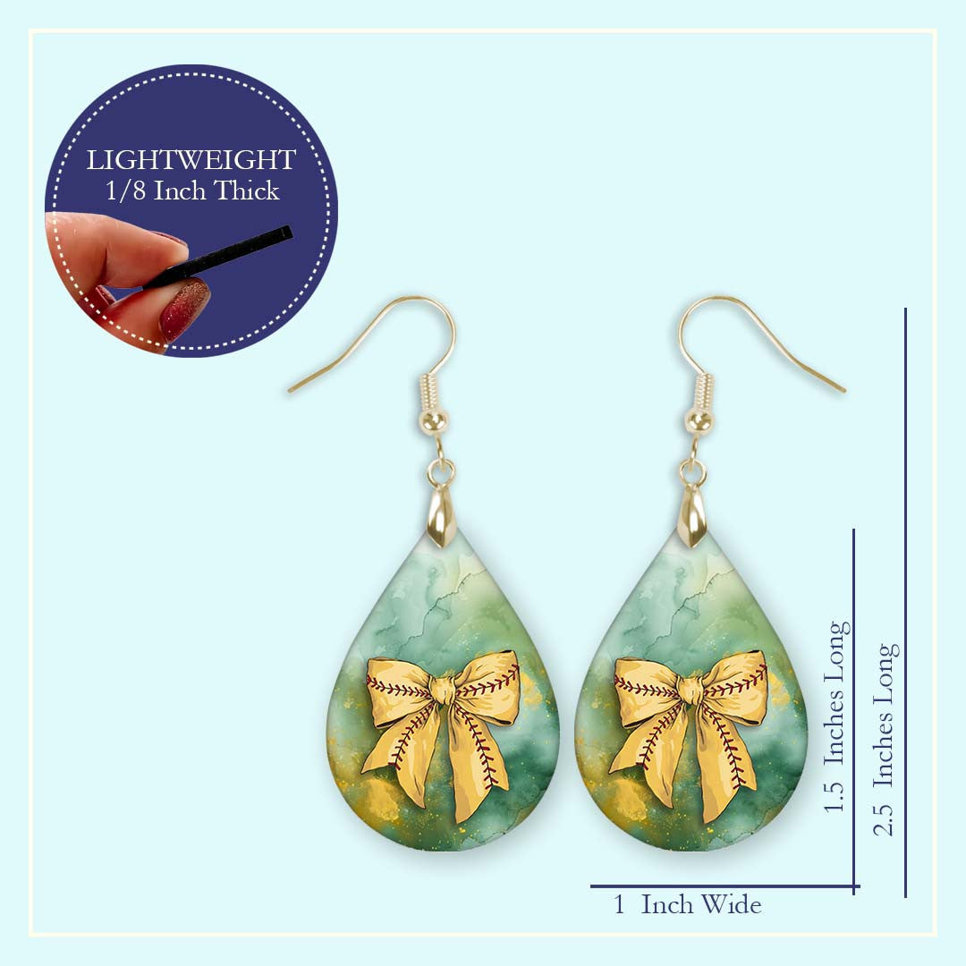 Softball Dangle Earrings Green Gold Boho Coquette Bow