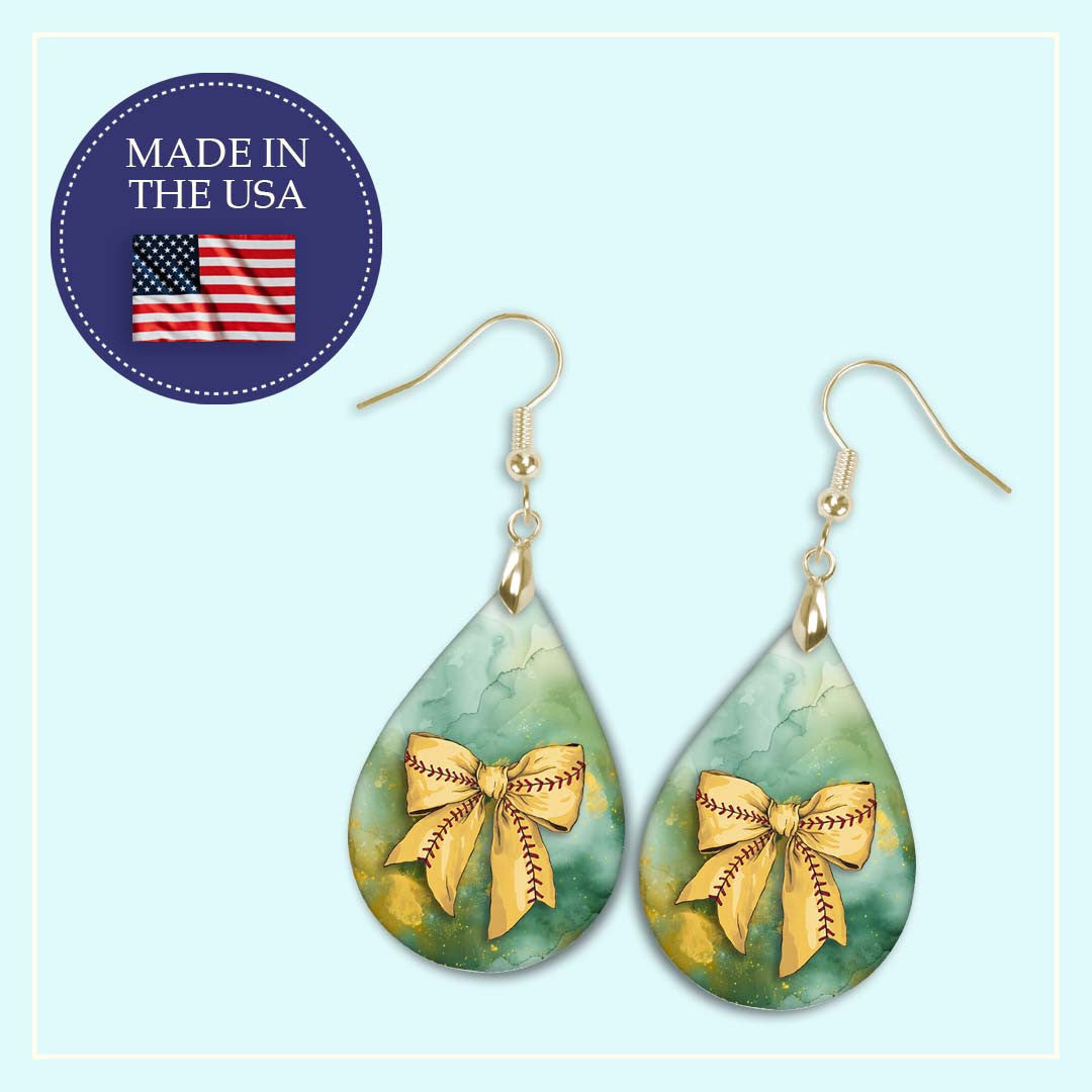 Softball Dangle Earrings Green Gold Boho Coquette Bow