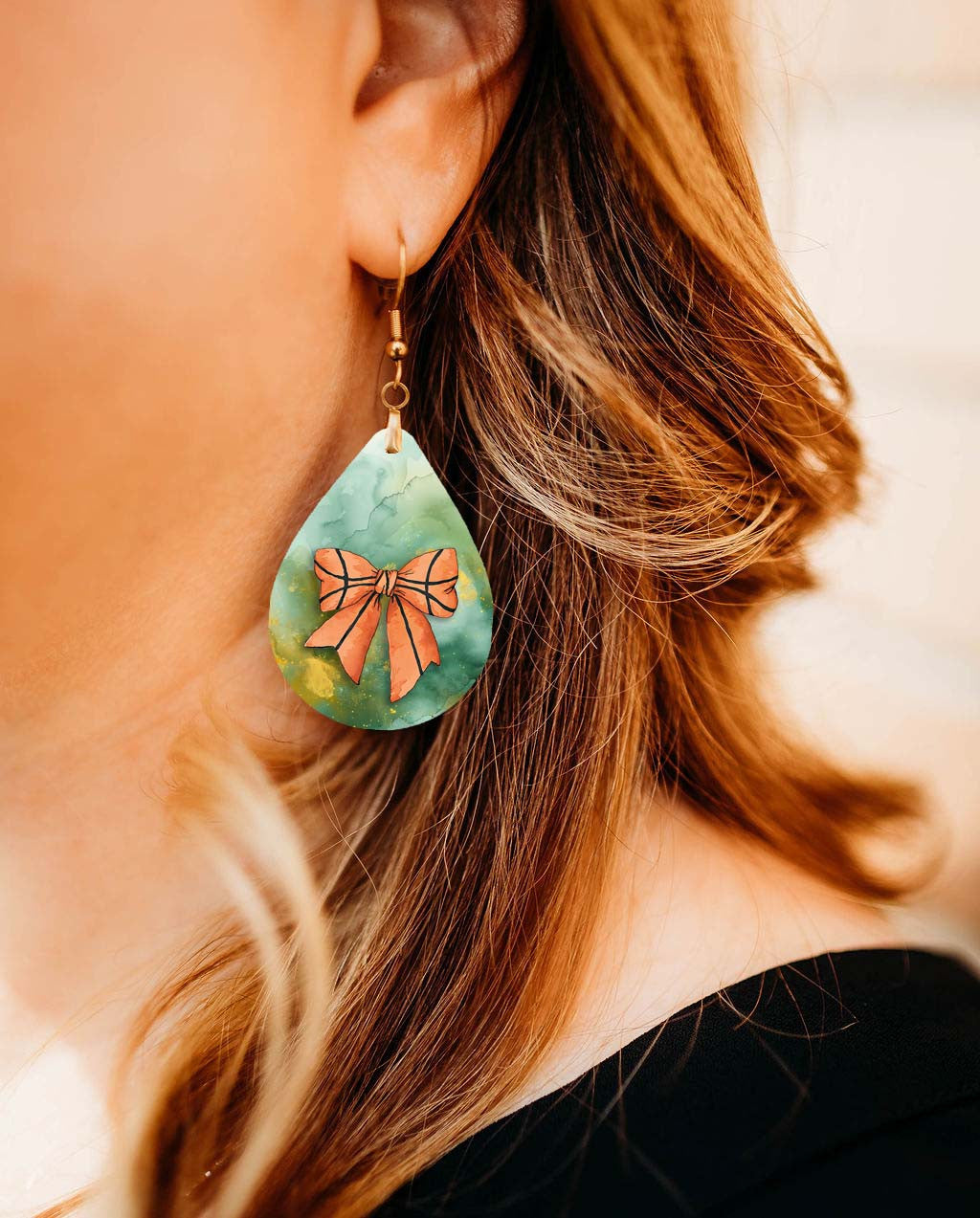Basketball Dangle Earrings Green Gold Boho Coquette Bow