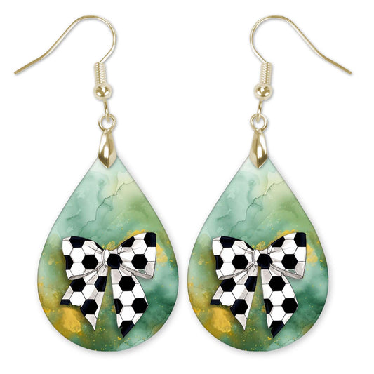 Soccer Earrings Green Gold Dangle Boho Coquette Bow