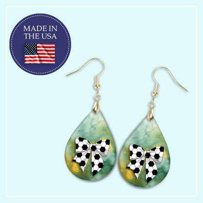 Soccer Earrings Green Gold Dangle Boho Coquette Bow