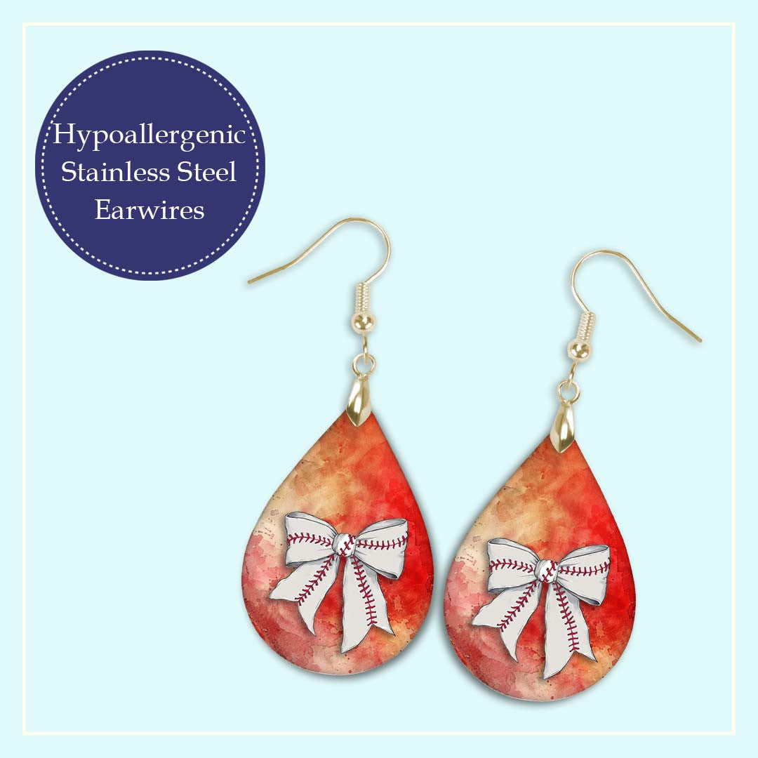 Baseball Earrings Red Orange Dangle Boho Printed Wood