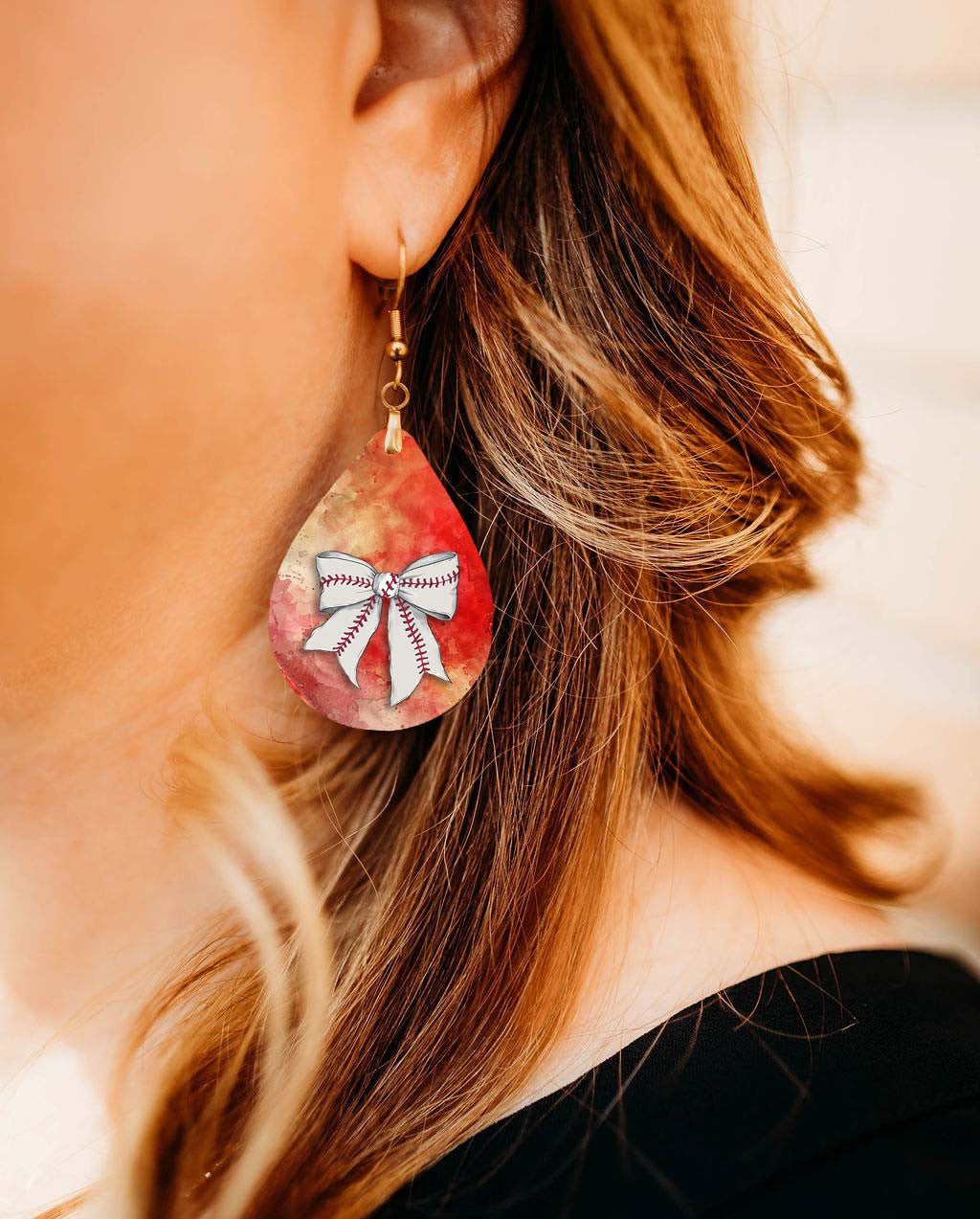 Baseball Earrings Red Orange Dangle Boho Printed Wood
