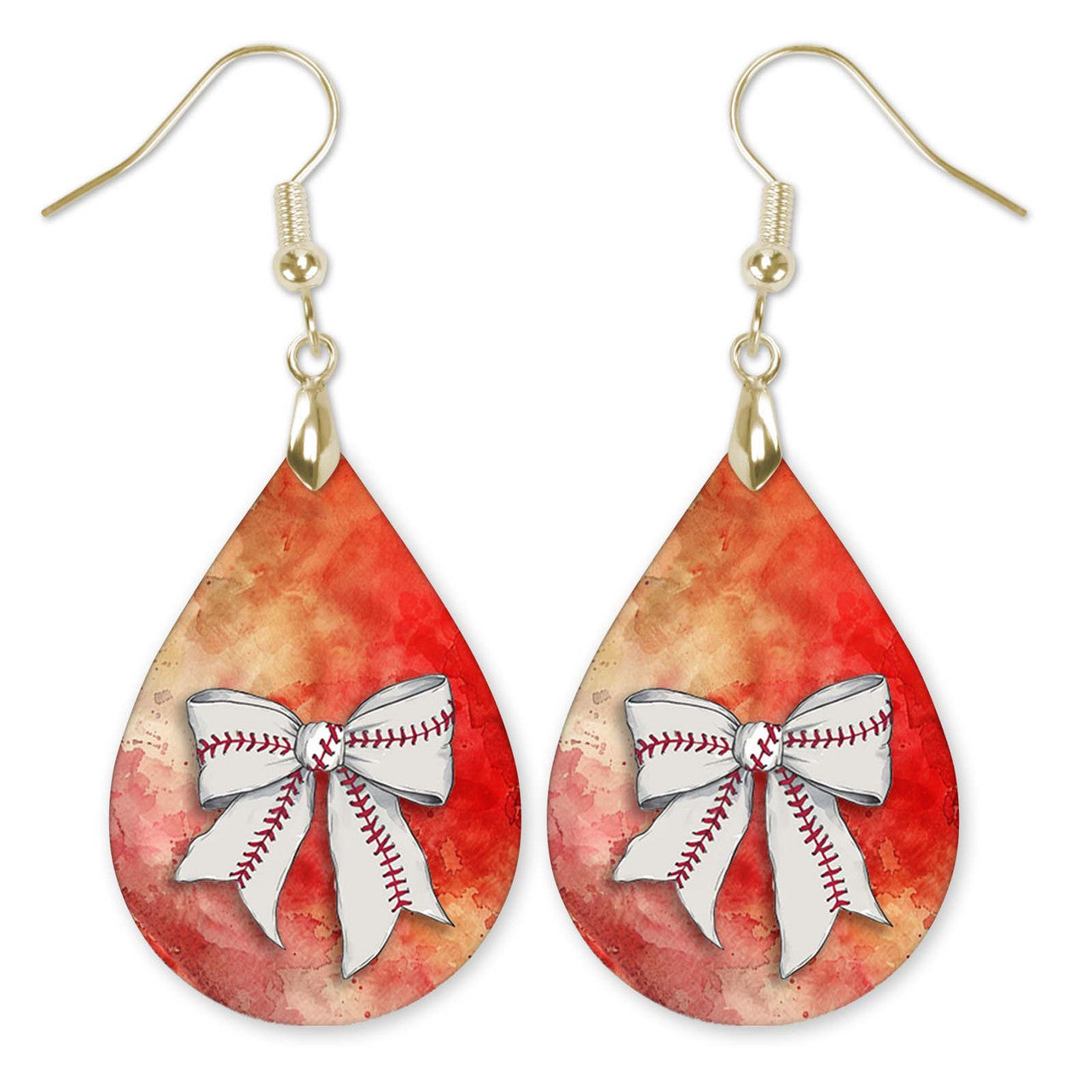 Baseball Earrings Red Orange Dangle Boho Printed Wood