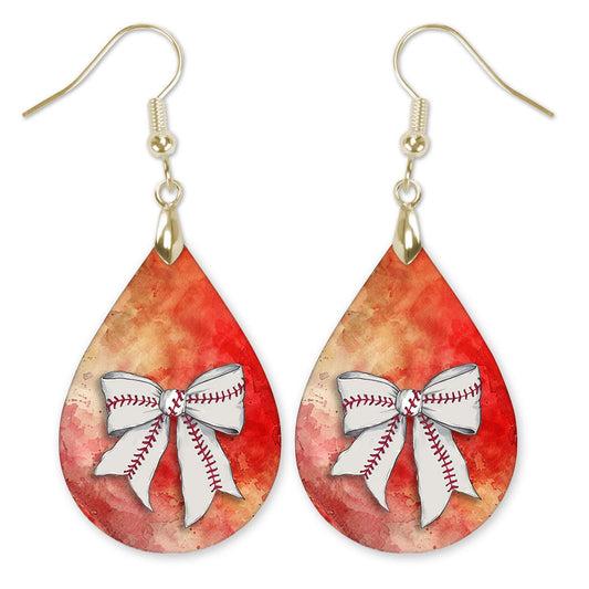 Baseball Earrings Red Orange Dangle Boho Printed Wood