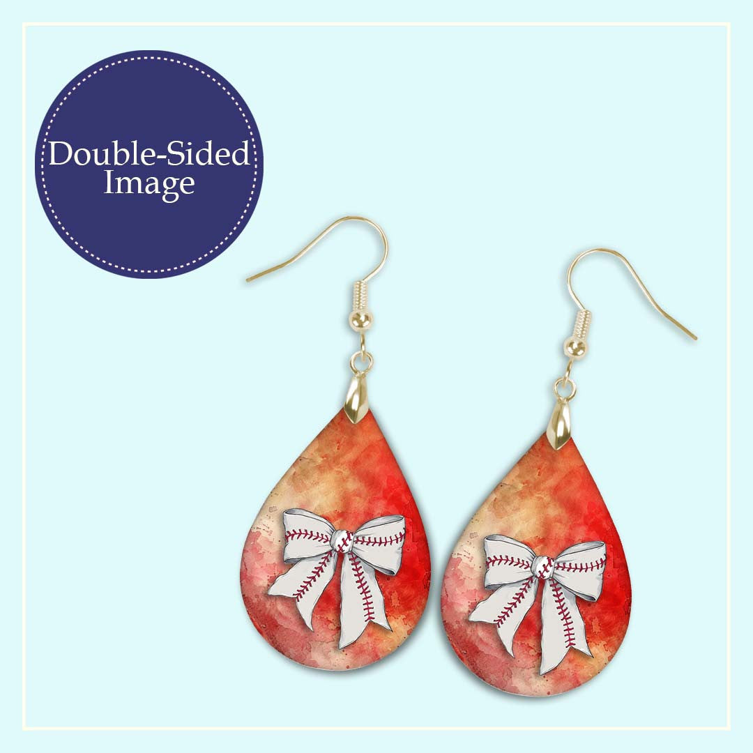 Baseball Earrings Red Orange Dangle Boho Printed Wood