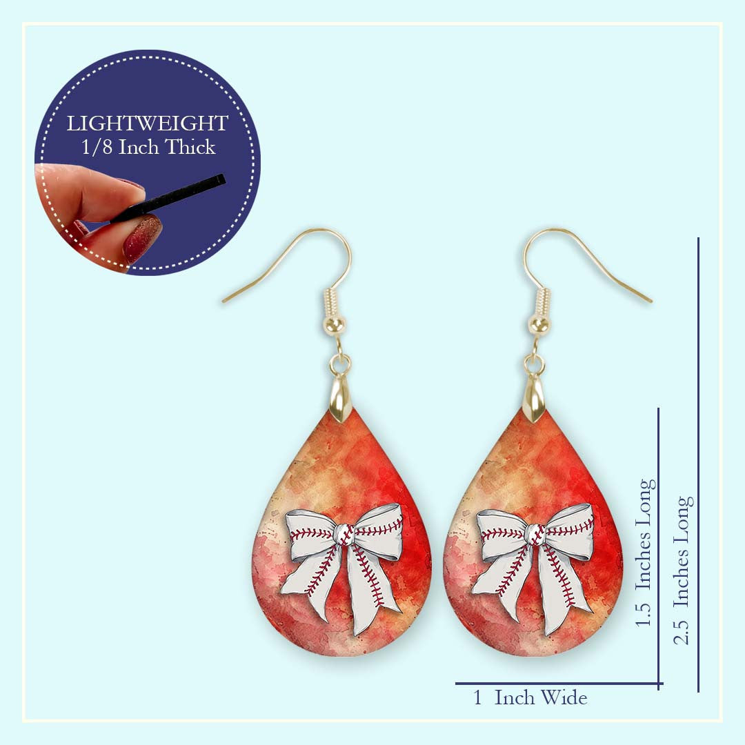 Baseball Earrings Red Orange Dangle Boho Printed Wood