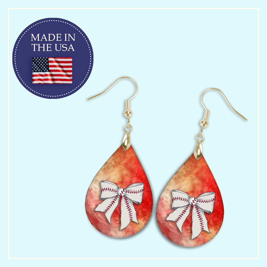 Baseball Earrings Red Orange Dangle Boho Printed Wood