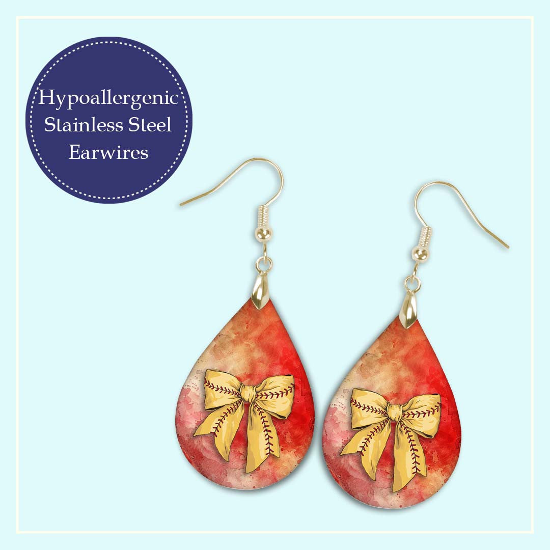 Softball Earrings Red Orange Dangle Boho Coquette Bow