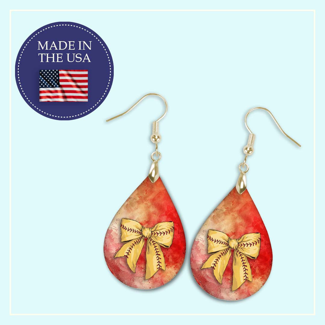 Softball Earrings Red Orange Dangle Boho Coquette Bow