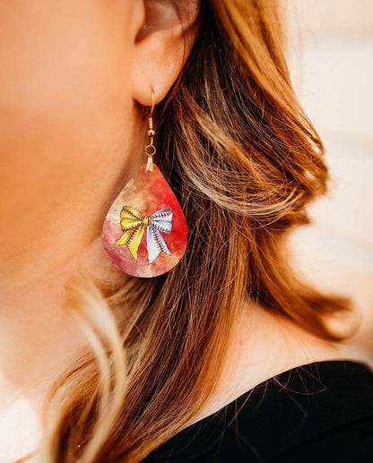Softball Baseball Earrings Dangle Boho Red Orange Wood