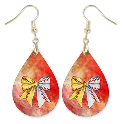 Softball Baseball Earrings Dangle Boho Red Orange Wood