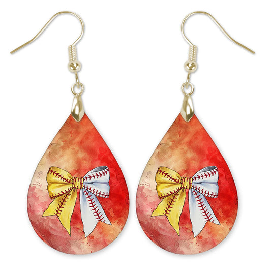 Softball Baseball Earrings Dangle Boho Red Orange Wood