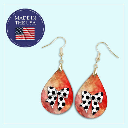 Soccer Dangle Earrings Red Orange Boho Coquette Bow