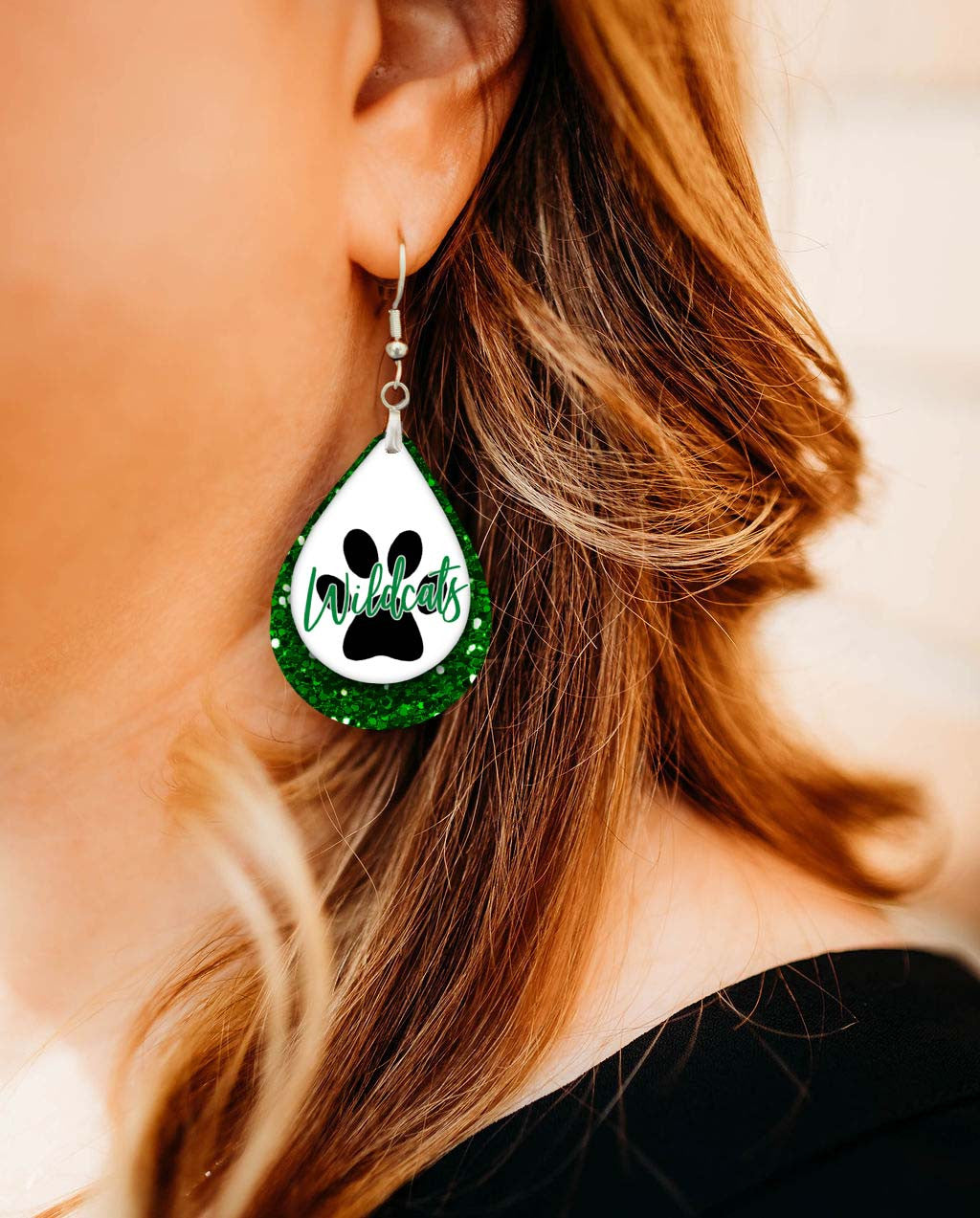 Wildcats Green White Dangle Earrings | Boho Gameday Spirit