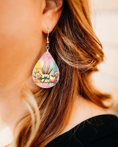 Teacher Brushstroke Earrings – Colorful Pencil And Apple Teardrop Dangle Earrings