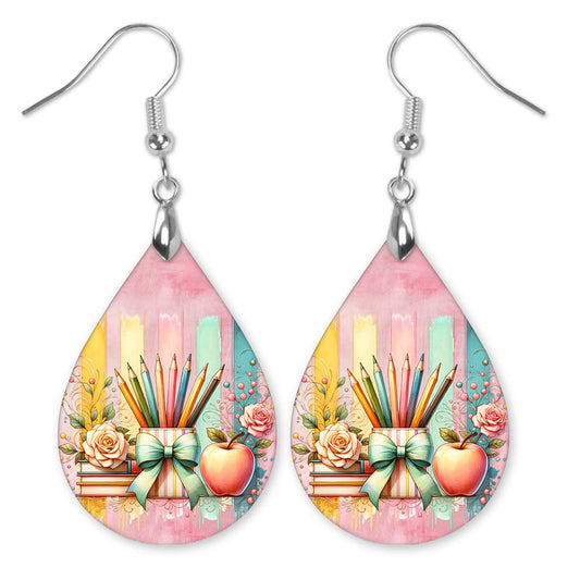 Teacher Brushstroke Earrings – Colorful Pencil And Apple Teardrop Dangle Earrings