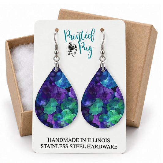Purple and Green Watercolor Teardrop Earrings gift box