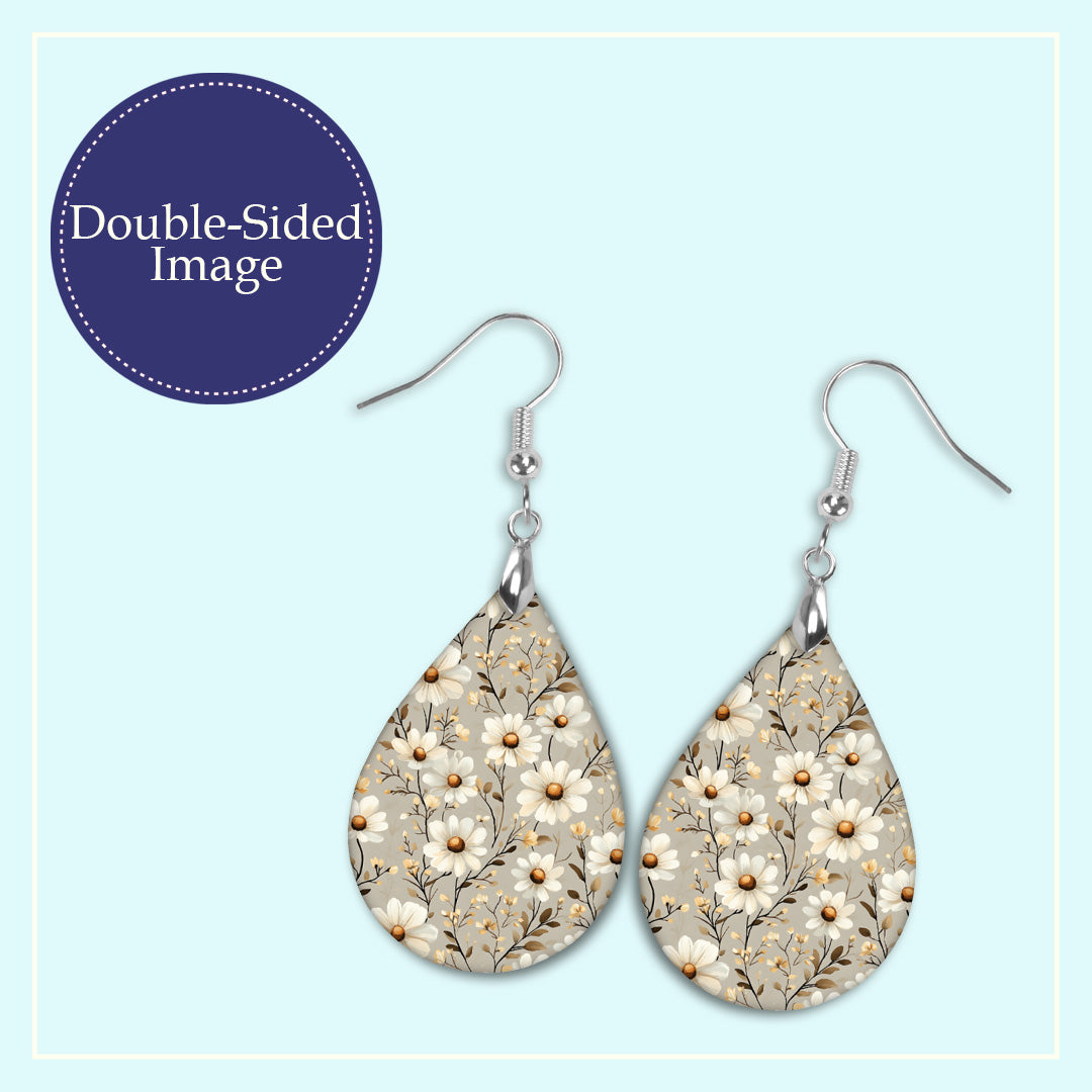 Taupe Daisy Teardrop Earrings – Lightweight, Hypoallergenic