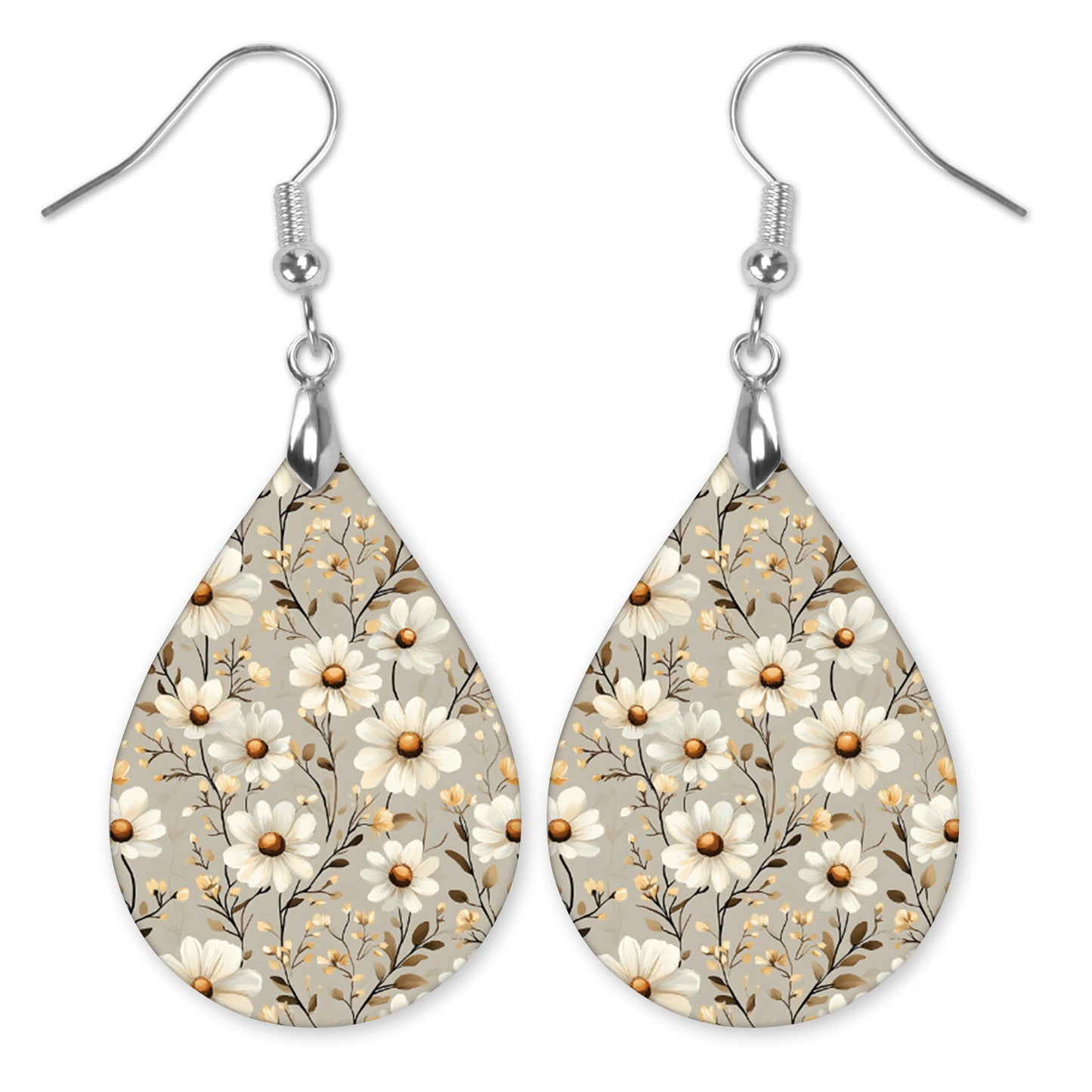 Taupe Daisy Teardrop Earrings – Lightweight, Hypoallergenic