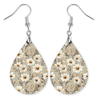 Taupe Daisy Teardrop Earrings – Lightweight, Hypoallergenic
