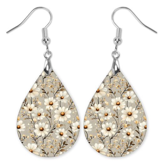 Taupe Daisy Teardrop Earrings – Lightweight, Hypoallergenic