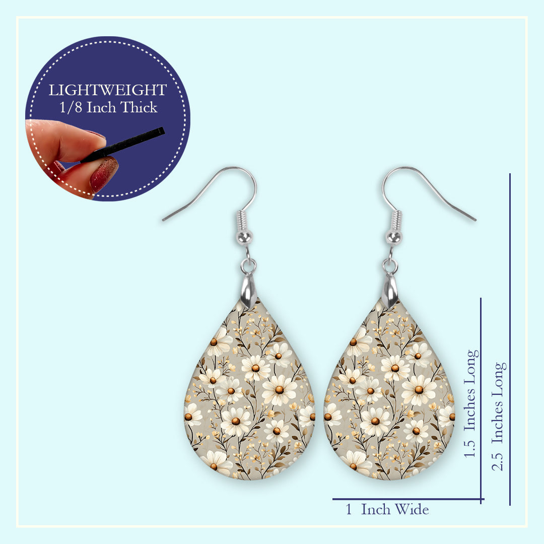 Taupe Daisy Teardrop Earrings – Lightweight, Hypoallergenic