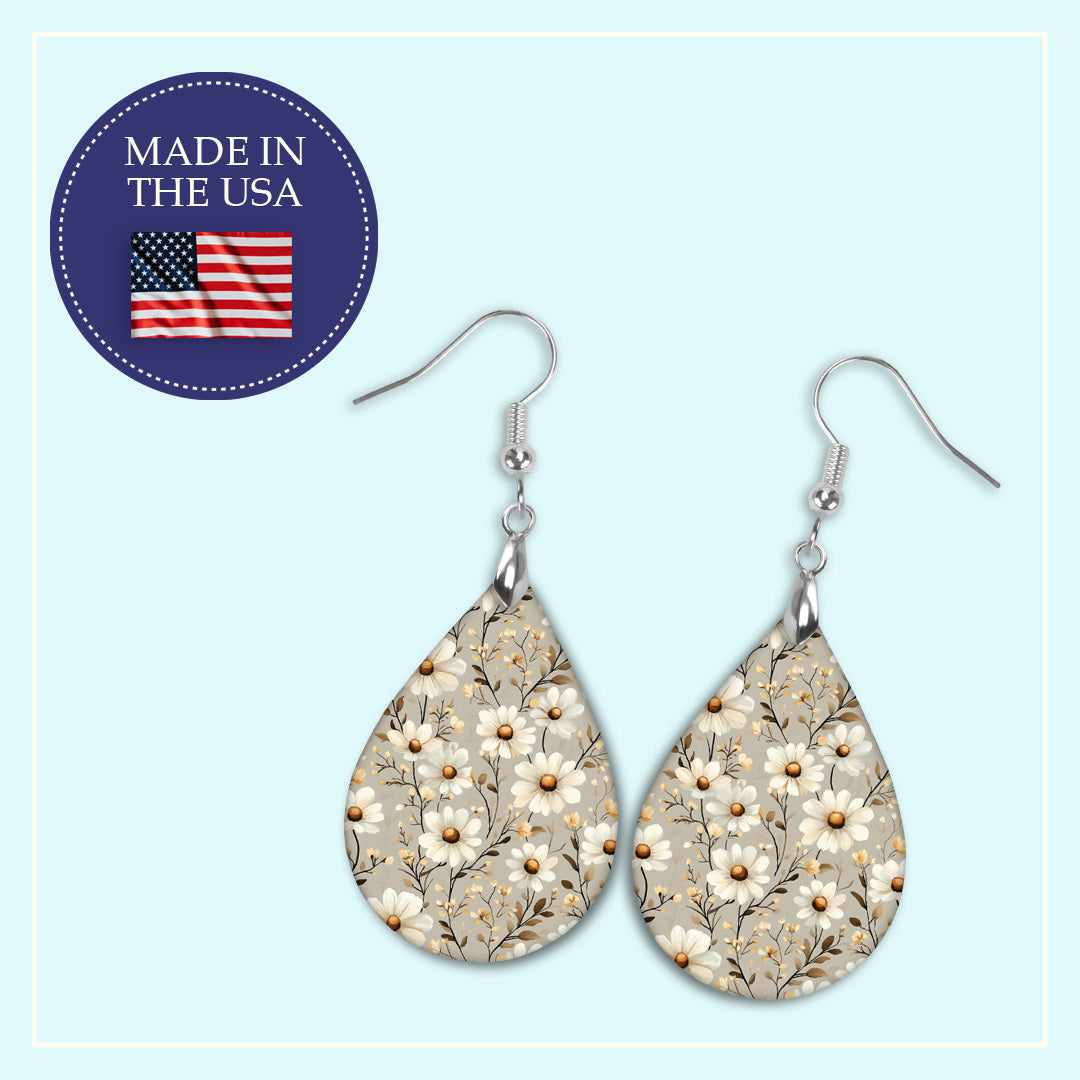 Taupe Daisy Teardrop Earrings – Lightweight, Hypoallergenic