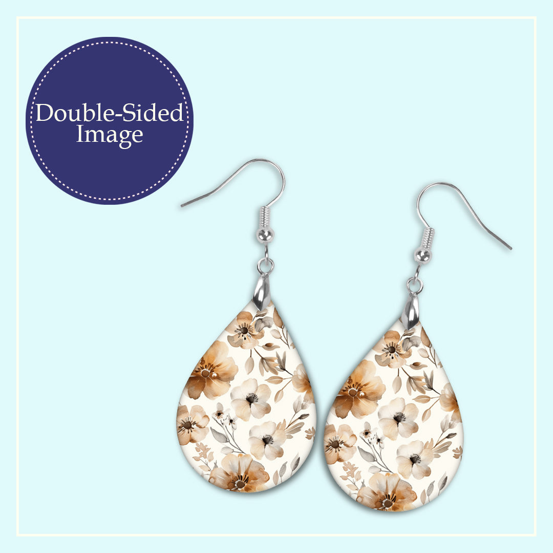 Beige Floral Teardrop Earrings – Lightweight, Hypoallergenic