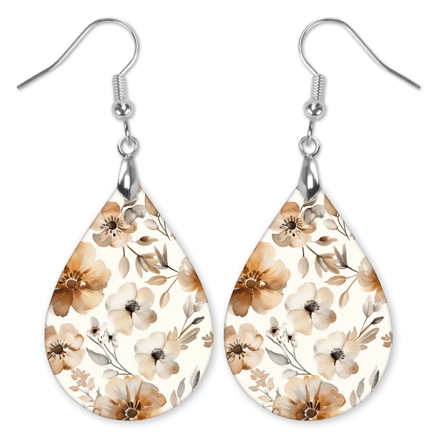 Beige Floral Teardrop Earrings – Lightweight, Hypoallergenic