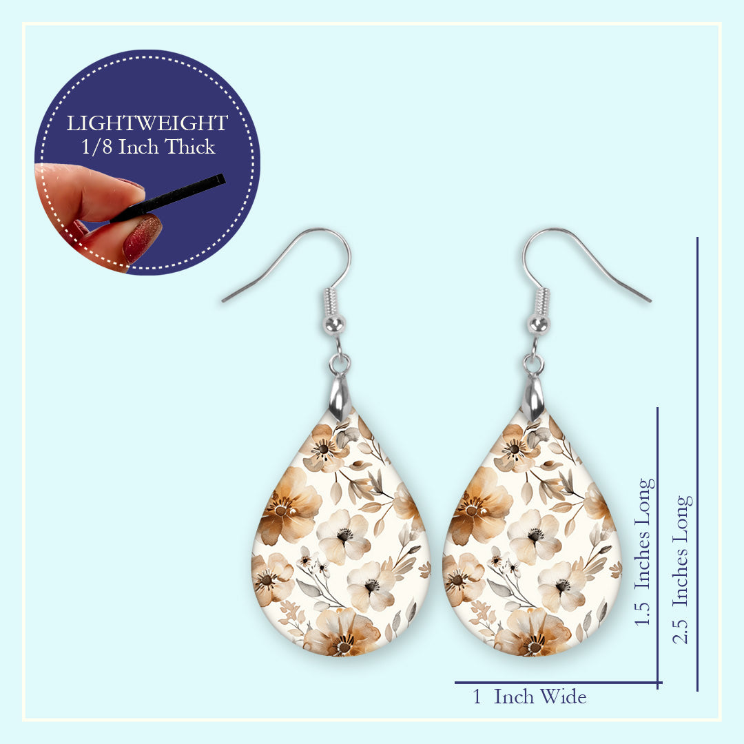 Beige Floral Teardrop Earrings – Lightweight, Hypoallergenic