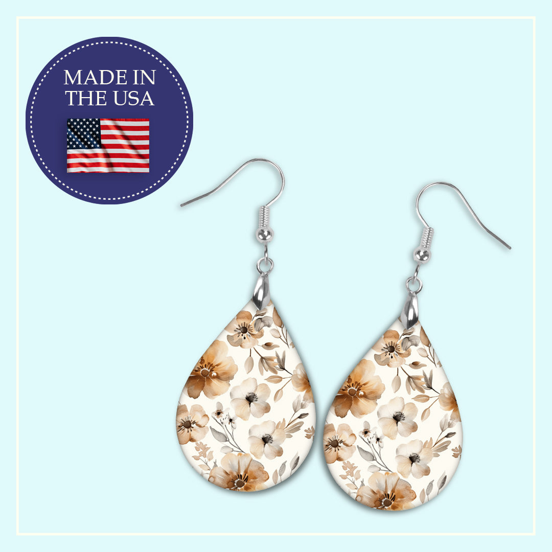 Beige Floral Teardrop Earrings – Lightweight, Hypoallergenic
