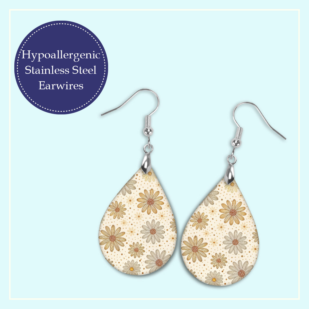 Beige Daisy Floral Teardrop Earrings – Lightweight, Hypoallergenic