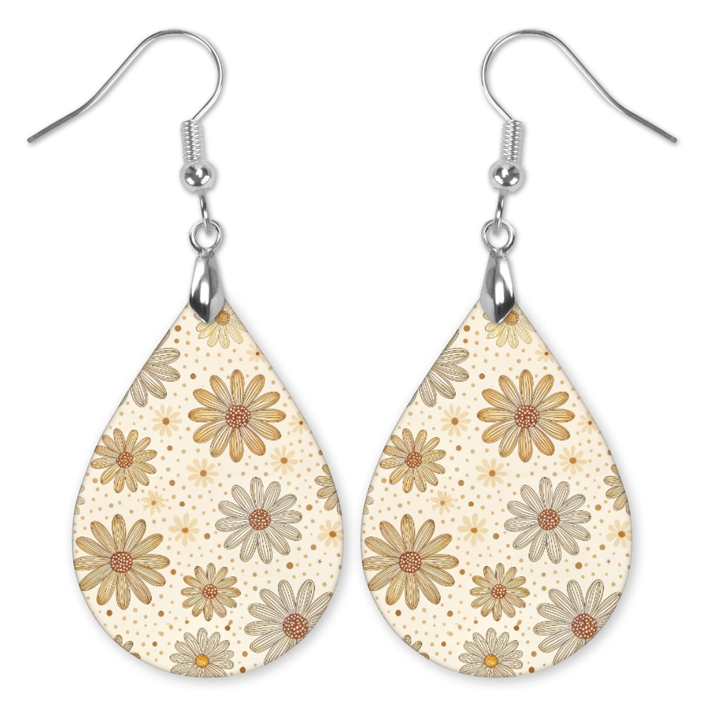 Beige Daisy Floral Teardrop Earrings – Lightweight, Hypoallergenic
