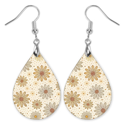 Beige Daisy Floral Teardrop Earrings – Lightweight, Hypoallergenic