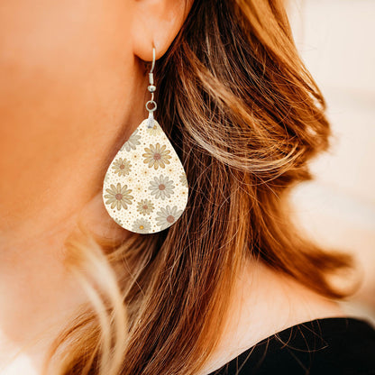 Beige Daisy Floral Teardrop Earrings – Lightweight, Hypoallergenic