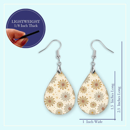 Beige Daisy Floral Teardrop Earrings – Lightweight, Hypoallergenic